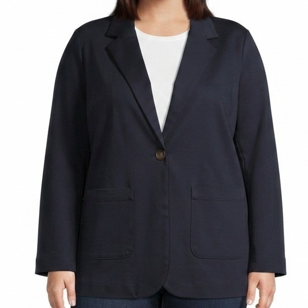 Croft & Barrow Knit Blazer Womens Plus Size 1X Navy Blue Single Button Office